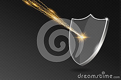 Glass shield reflects lightning strike. Acrylic or plexiglass security shield on transparent background with shadow, rays Vector Illustration
